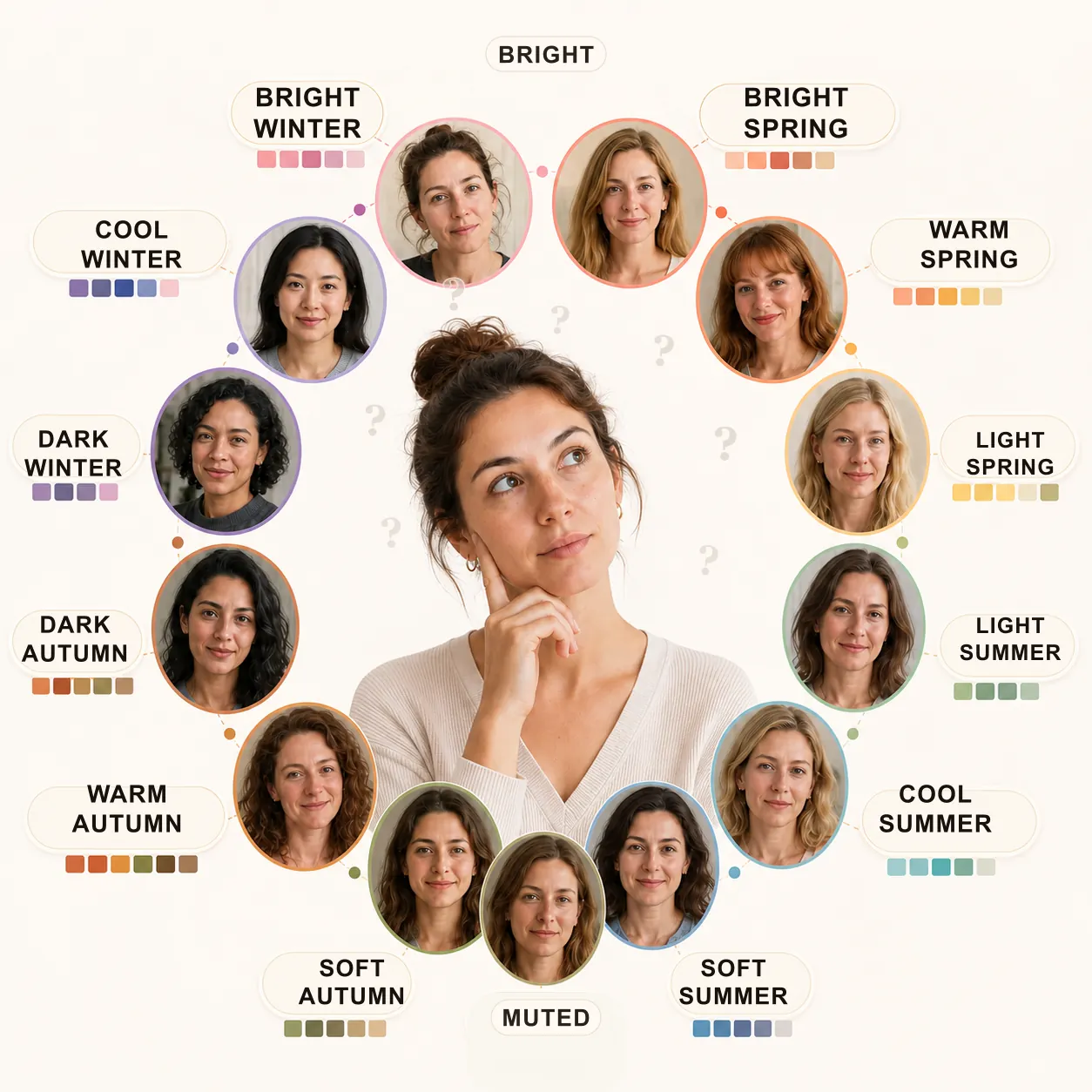 Adult woman considering seasonal color types in a circular color analysis guide.